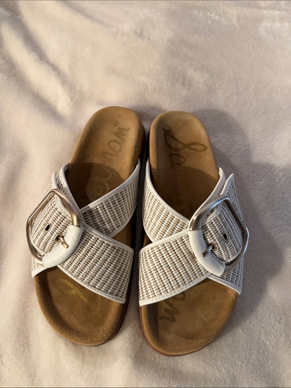 Sam Edelman White Woven Buckle Slide Sandals